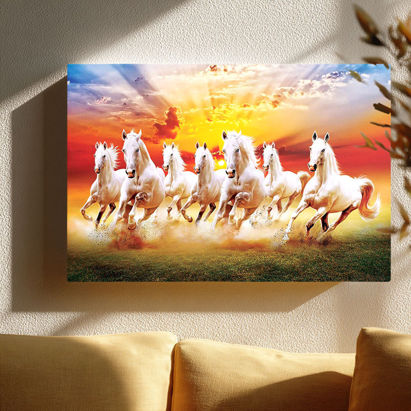 Sunburst White Horse Herd, art mural tendu sur un cadre audacieux, 32 * 24 pouces (80 * 60 * 2cm)