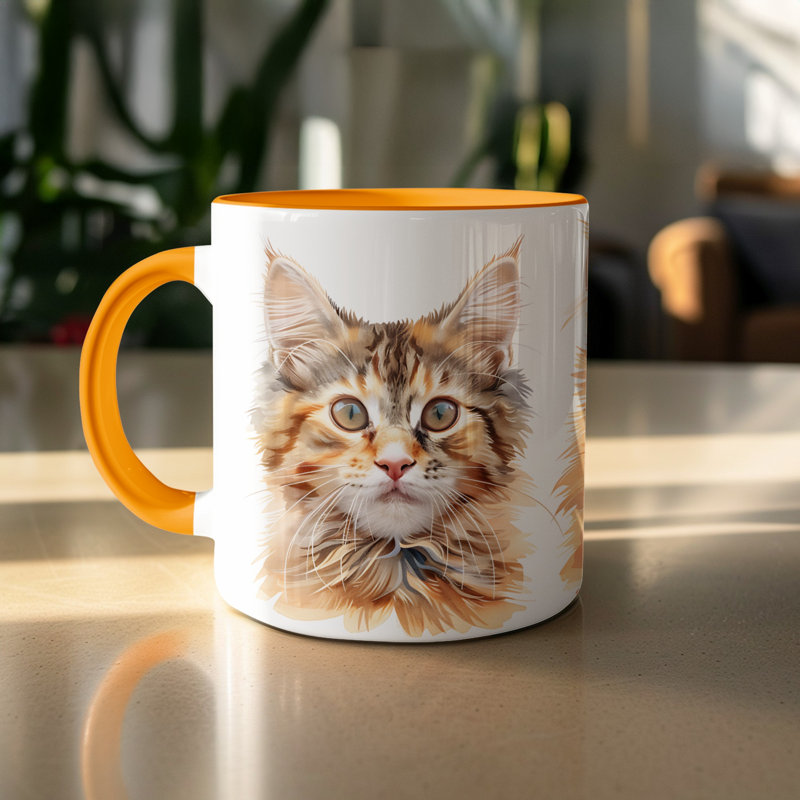 Cat Design 11oz Accent Mug – Ceramic Coffee Cup with Colored Handle and Interior, 2, Orange