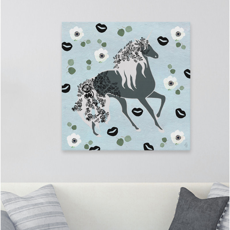 Reproduction de licorne florale noire Leonaldo sur toile tendue, H 24 po x l 24 po