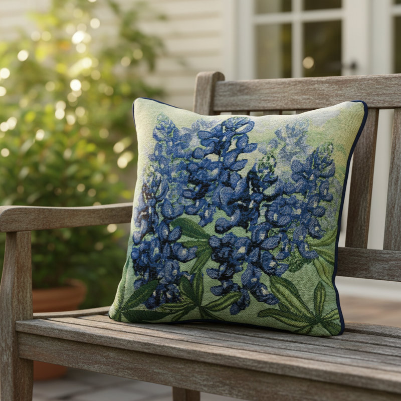Manual Woodworkers & Weavers Brown and Blue Square Cotton Blend Tapestry Pillow 17" x 17"