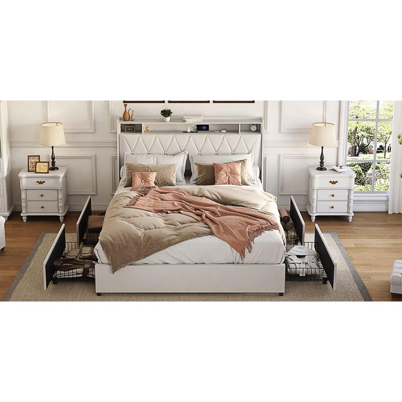 Cadre de grand lit avec tête de lit ergonomique, cadre de lit plateforme grand avec tablette de rangement
