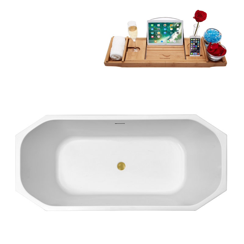 Baignoire de trempage autoportante en acrylique 63 "avec drain et plateau en bambou 63" Streamline, Or brossé