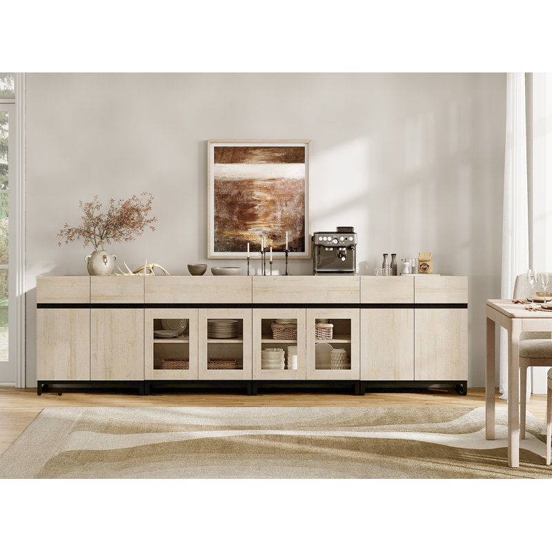 4 In 1 Sideboard Buffet Cabinets With Glass Doors And 2 Drawers, Modern Sideboard Credenza With Adjustable Shelf And Metal Base, Coffee Bar Cabinet Storage Cabinet