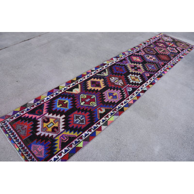 Ethnic Wool Runner Rug, 30.3x142.1 Inch Red Geometric Rug