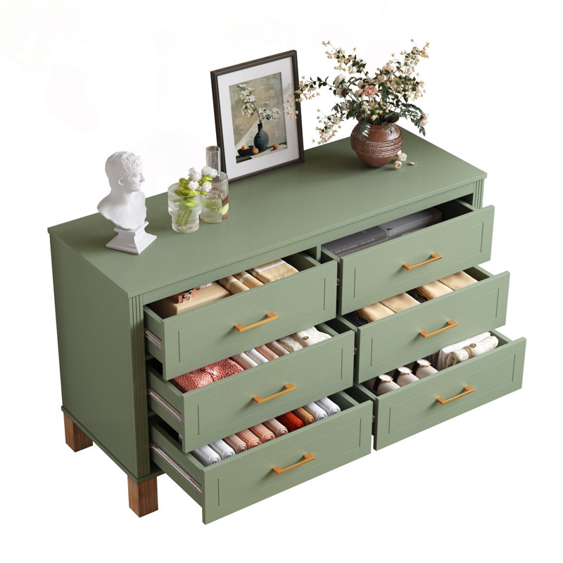 Commode 6 tiroirs Mid-Century avec pieds en bois massif et poignées en métal, Sage Green