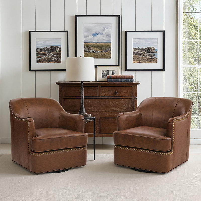 Genuine Leather Swivel Barrel Chairs, Dark Brown