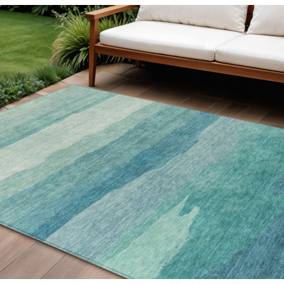 Tapis extérieur lavable rayé turquoise 10 pi x 14 pi