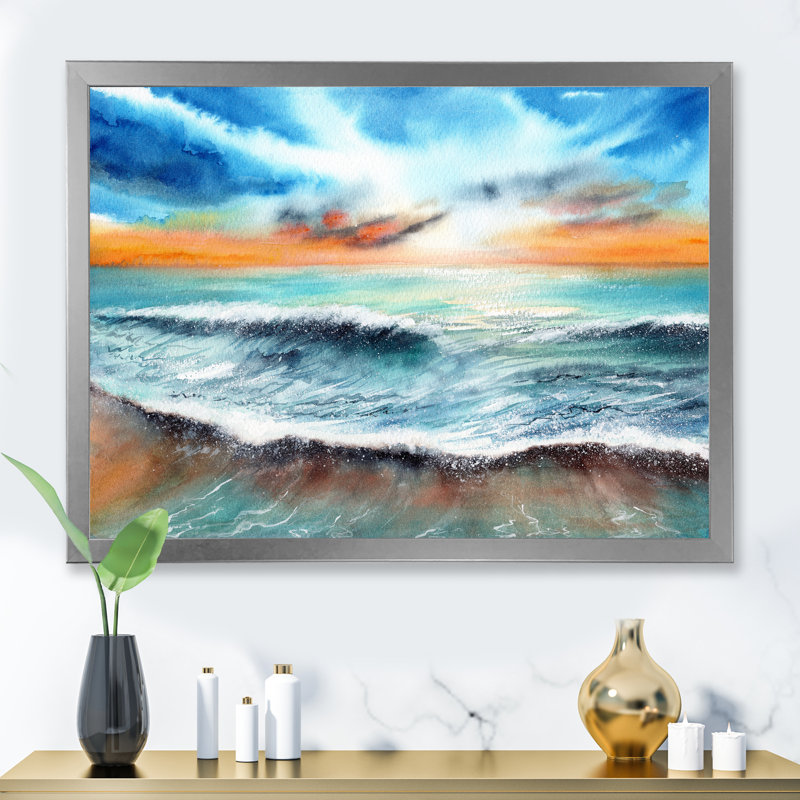 Coucher de soleil sur la mer avec un ciel bleu et orange - reproduction sur toile, H 24 po x l 32 po x P 1 po