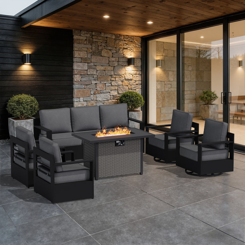 Abdullah 7-Person Modern Aluminum Patio Fire Pit Set, 3-Seat Sofa, 2 Swivel & 2 Armchairs with Gray Cushions, Gray