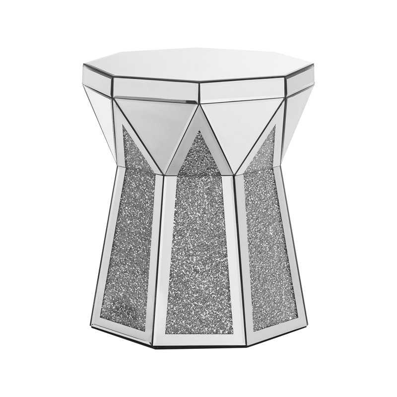 Table basse à miroir Drill Polygonal avec incrustation de cristal, table d'appoint carrée à finition argentée
