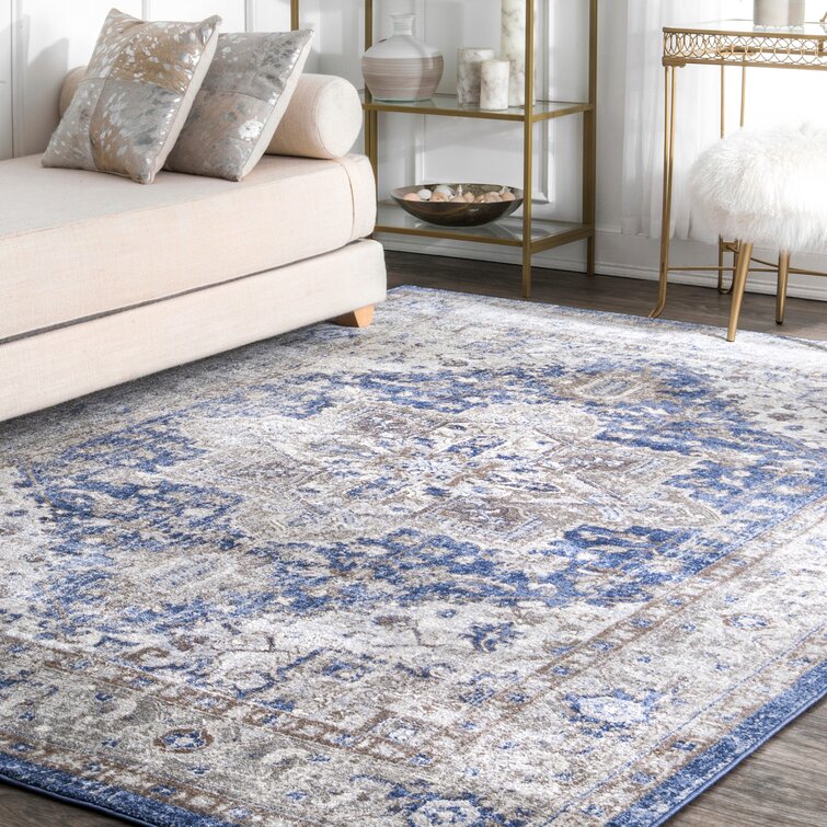 Best Selling Home Decor Langrick Boho Wool and Cotton Scatter Rug, White and Blue | 308775