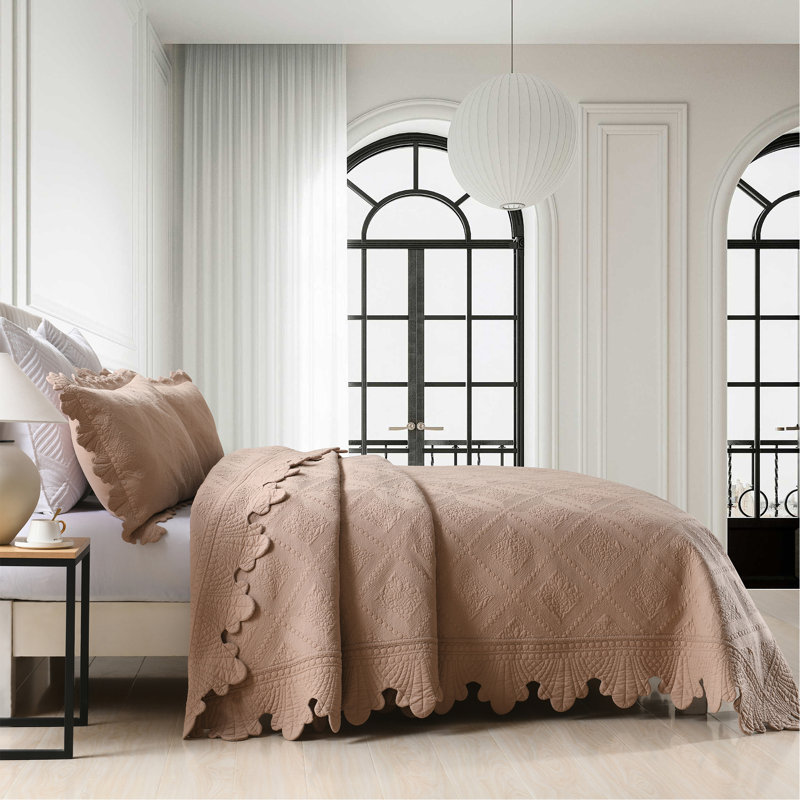 Tkembroidery Cotton Abstract Bedding, Pale Taupe Camel, Queen Quilt + 2 Standard Shams