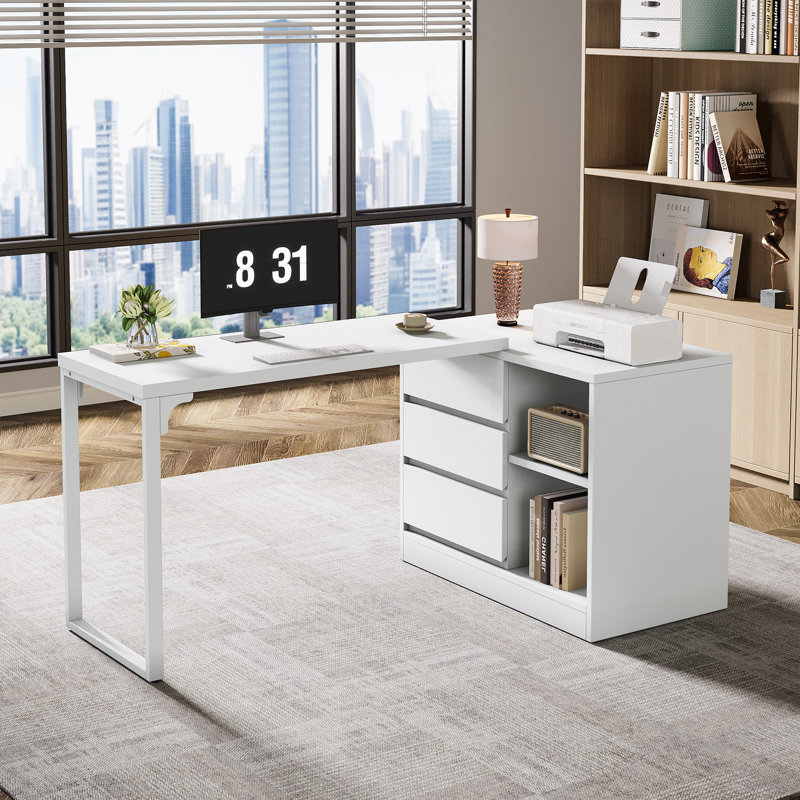 Reversible L Shaped Computer Desk With Drawer Cabinet, White
