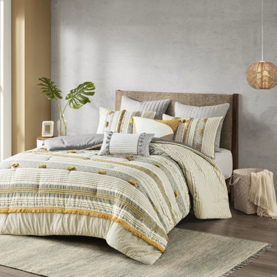 Édredon en coton 3 pièces double / grand gris / jaune, motif rayé avec rembourrage, literie extraordinaire gris / jaune double / grand, rayé et finitions, rembourrage, tentant