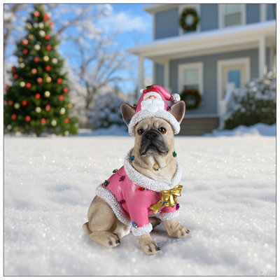 Statue de bouledogue français de Noël, figurine de chien des Fêtes en tenue de père Noël rose, décoration de Noël festive
