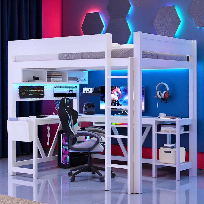 Lit mezzanine double avec bureau en L intégré, lumière DEL et station de charge, Blanc
