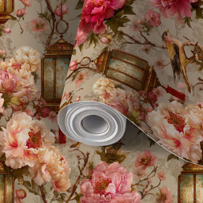 Papier peint à peler et coller avec lanternes à motif floral rétro et pivoines dorées auto-adhésives et amovibles 17,7 po x 118 po (45 x 300 cm)