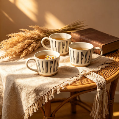 10oz Ceramic Coffee Mugs Set of 3, Stoneware Cups with Hand-Painted Line Patterns , Modern Latte Cappuccino Cocoa Mugs, Dishwasher & Microwave Safe, Unique Gift for Men Women