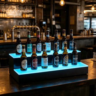 Double-Layer Acrylic LED Illuminated Wine Rack, Remote Control Via APP With Color Adjustment, USB Powered, Serves As Both Bar Counter For Wine Bottle Storage And Display.