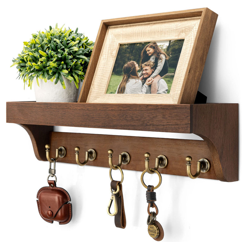 Solid Wood Wall Organizer with Key Hooks, Retro Brown