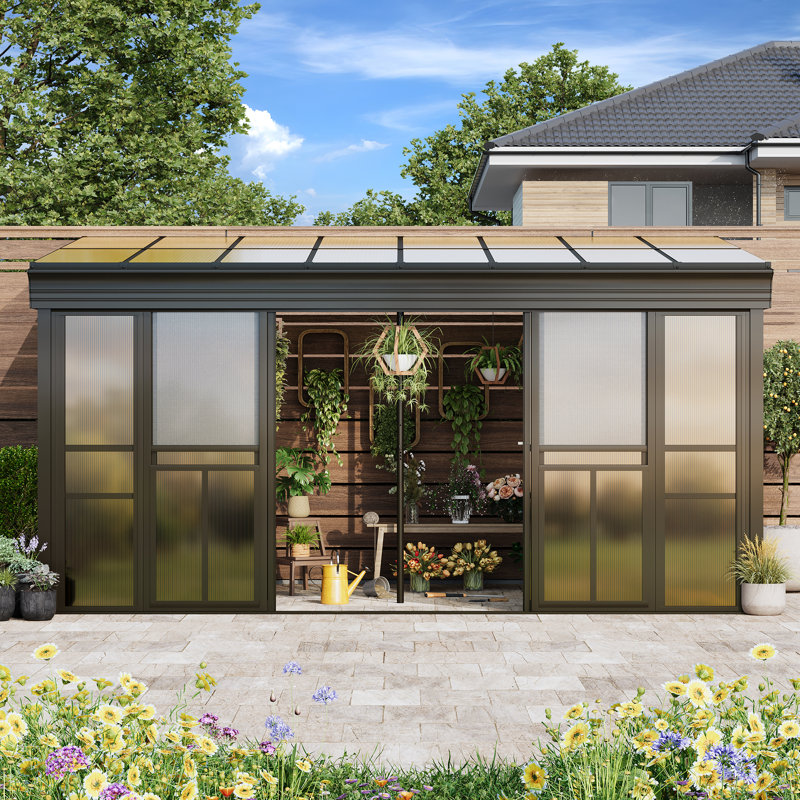 10' X 16' Sunroom Gazebo, Polycarbonate Roof Outdoor Solarium With Sliding Door & Adjustable Window Panels, Enclosed Patio Sunroom With Mesh Screens