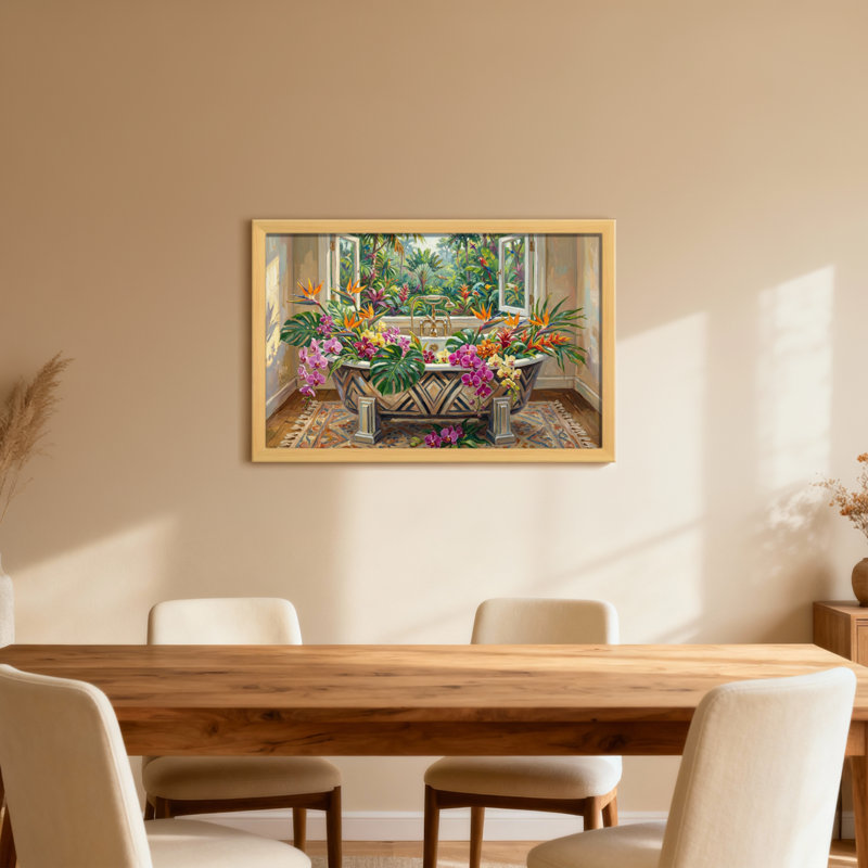 Motif floral de jardin tropical, H 12 po x l 18 po, Grain de bois clair, Cadre photo unique
