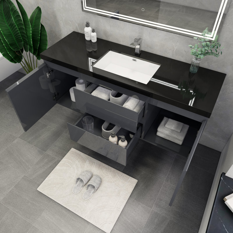 Castin 60" Wall-Mounted Single Bathroom Vanity Set, Glossy Gray