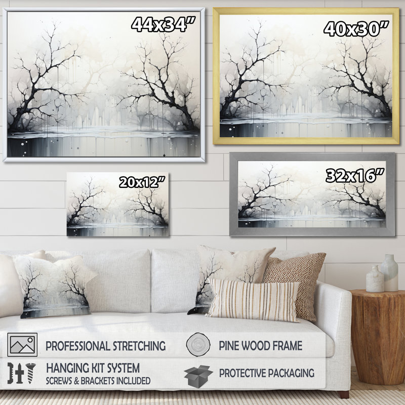 Minimalisme monochrome sérénité rivière sur toile, H 24 po x l 32 po x P 1 po, Cadre simple noir