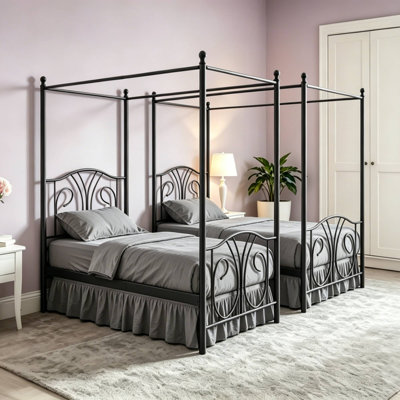 Ensemble de 2 cadres de lit à baldaquin en métal avec tête de lit et rangement, base de lit pour enfant moderne