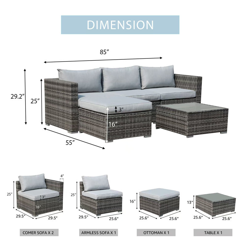 Abler 5 Piece Sectional Seating Group with Cushions, Gray/Light Gray