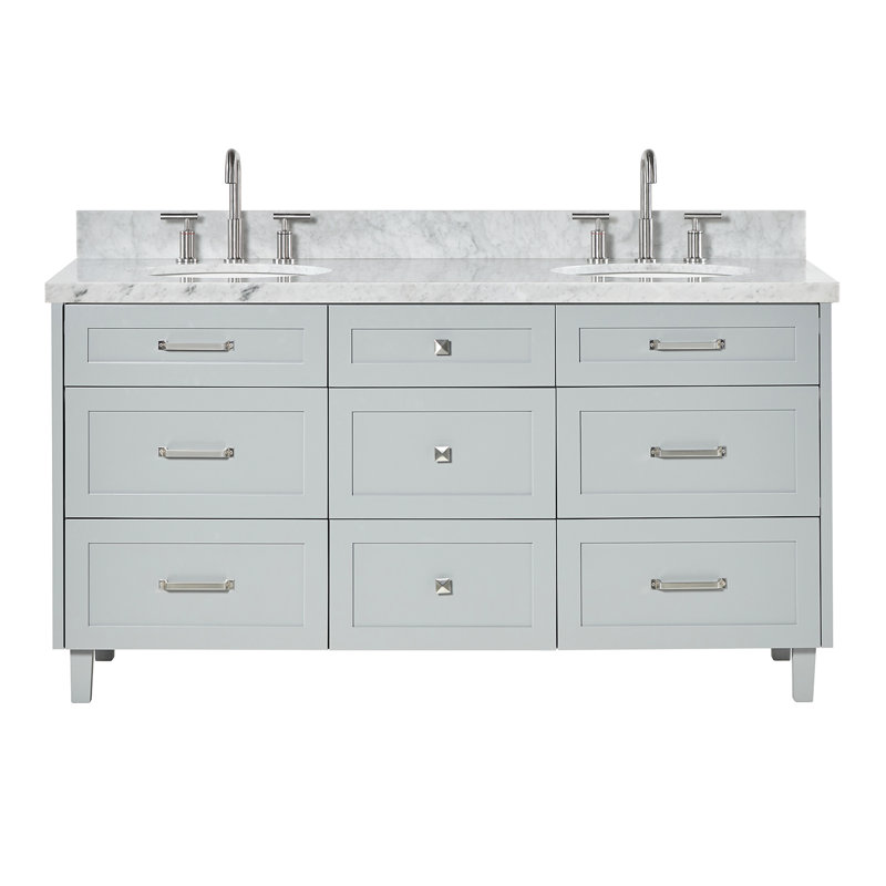 ARIEL Monroe 72 Double Sink Bathroom Vanity with Carrara Quartz Top, Gray, 60" - 61", Italian Carrara Marble