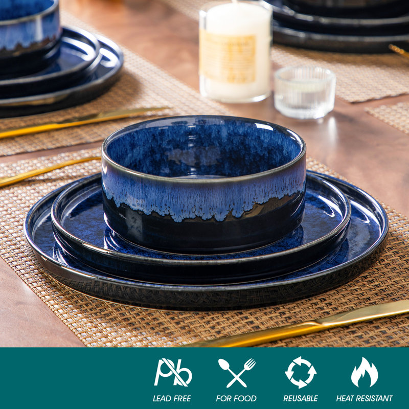 12 Pieces Kitchen Dinnerware Set, Blue Set, Stoneware Dinnerware, Plate And Straight Edge Bowl Set For 4 Person, Blue