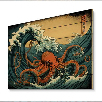 Paysage japonais Vitiello avec pieuvre III - impression sur bois sans cadre