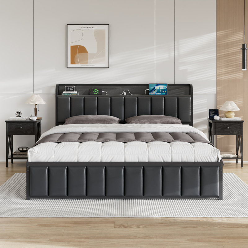 3 Piece Bedroom Furniture Set, Black Faux Leather Upholstered Platform Bed Frame with Charging Station, Modern Storage Headboard Bed and 2 Nightstands Set, Bedroom Furniture Set, No Box Spring Needed