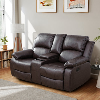 Double fauteuil inclinable manuel, causeuse rembourrée avec porte-gobelets, cuir, brun