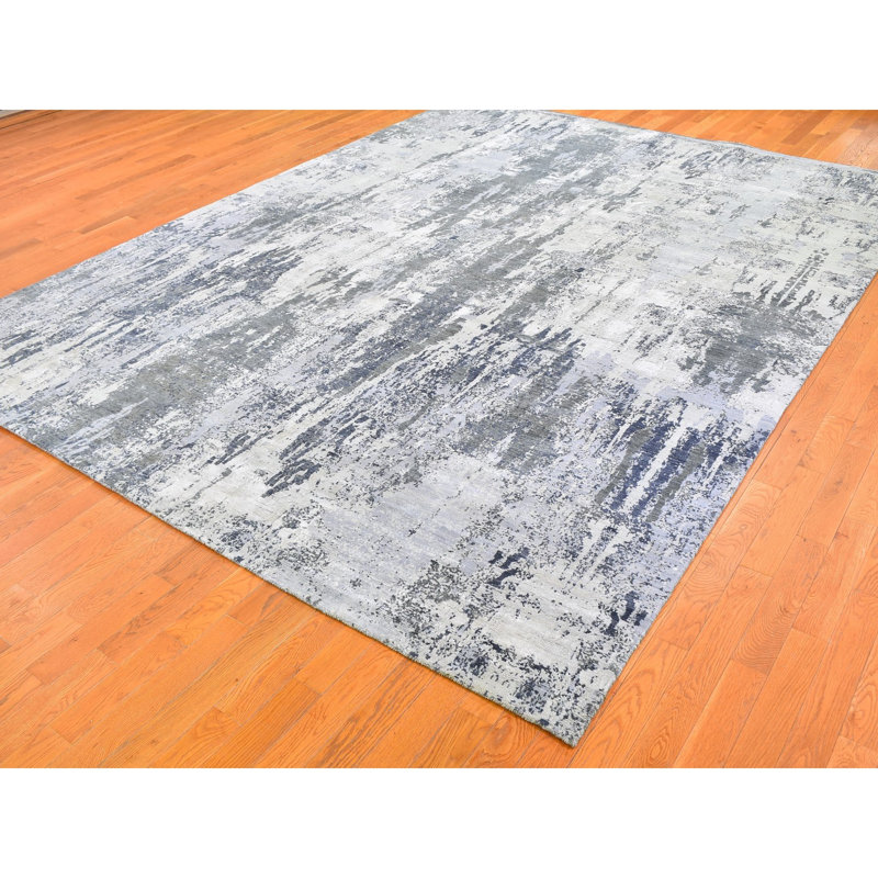 Tapis unique en laine noué à la main ivoire / gris clair de 9 pi x 12 pi Franzsepp