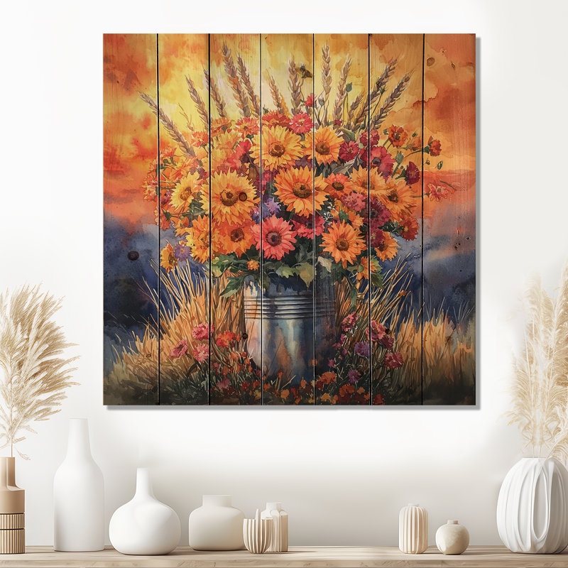 Sunset Harvest Blooms - Assorted Bouquets Wood Wall Art - On Natural Pine Wood, 15" H x 15" W x 0.78" D