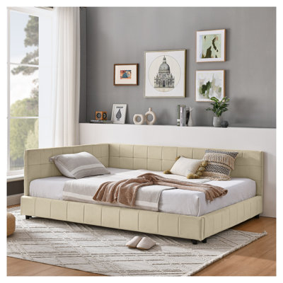Lit de jour rembourré double capitonné avec dossier - Structure de canapé-lit en velours beige pour chambre à coucher et salon