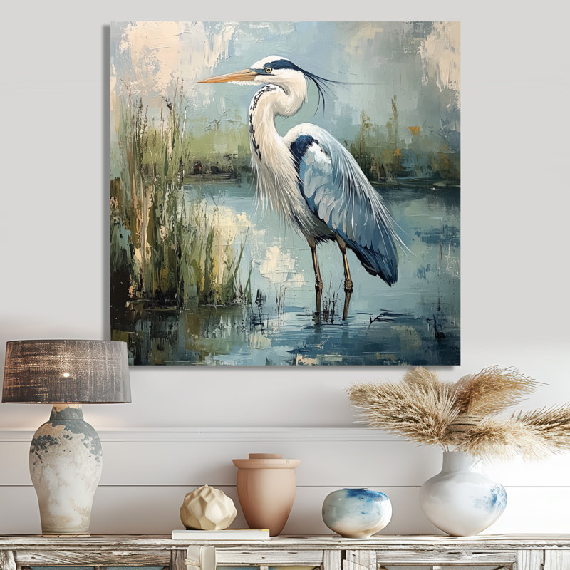 Heron At The Farm Pond I - Héron, impression sur métal, H 16 po x l 16 po
