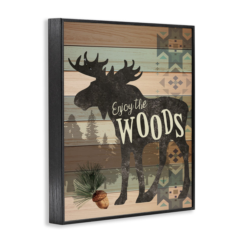 «Enjoy the Wood Patterned Moose - Floater Frame», impression sur bois, Giclée encadrée noir minuit