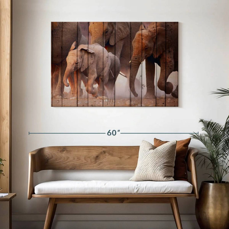 Éléphant Brampt sur la texture du bois, H 30 po x l 45 po