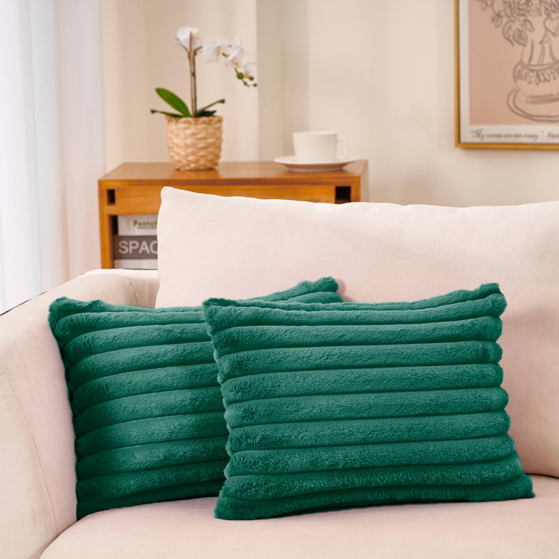 Striped Faux Fur Reversible Pillow Cover, Dark Green