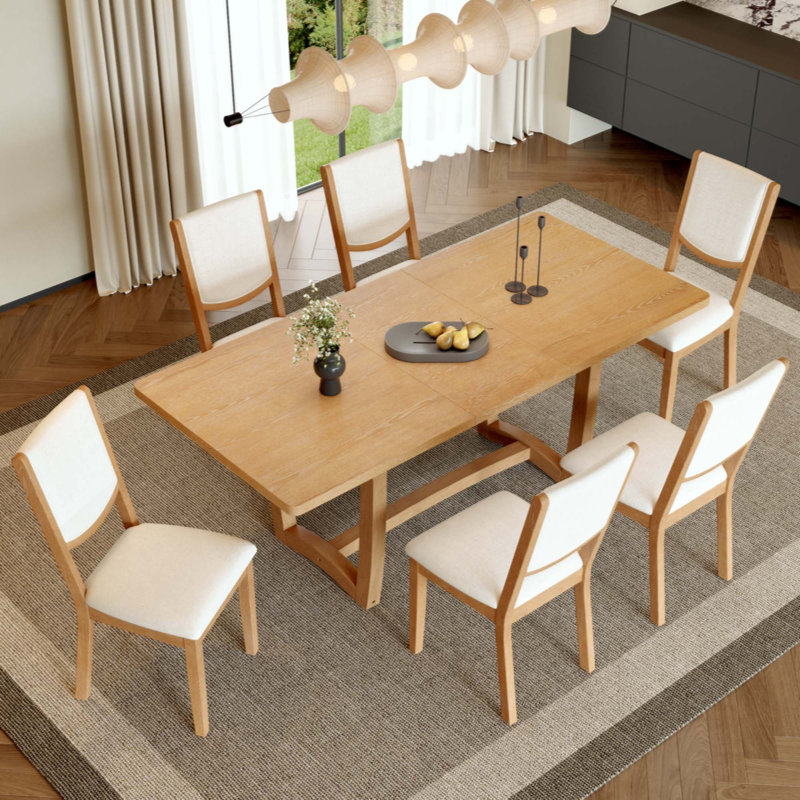 Ensemble de table de salle à manger extensible 7 pièces pour 6 personnes, table de cuisine rectangulaire avec 6 chaises rembourrées, chaises de salle à manger à dossier courbé pour la salle à manger