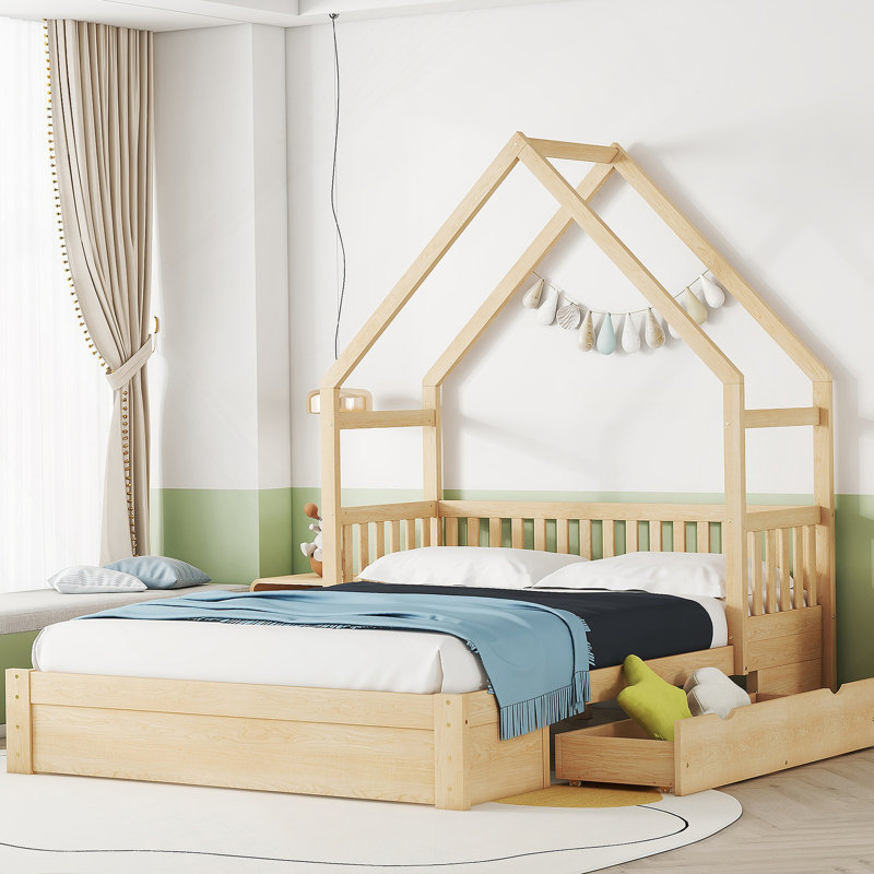  Lit plateforme House avec garde-corps et 2 tiroirs, Naturel
