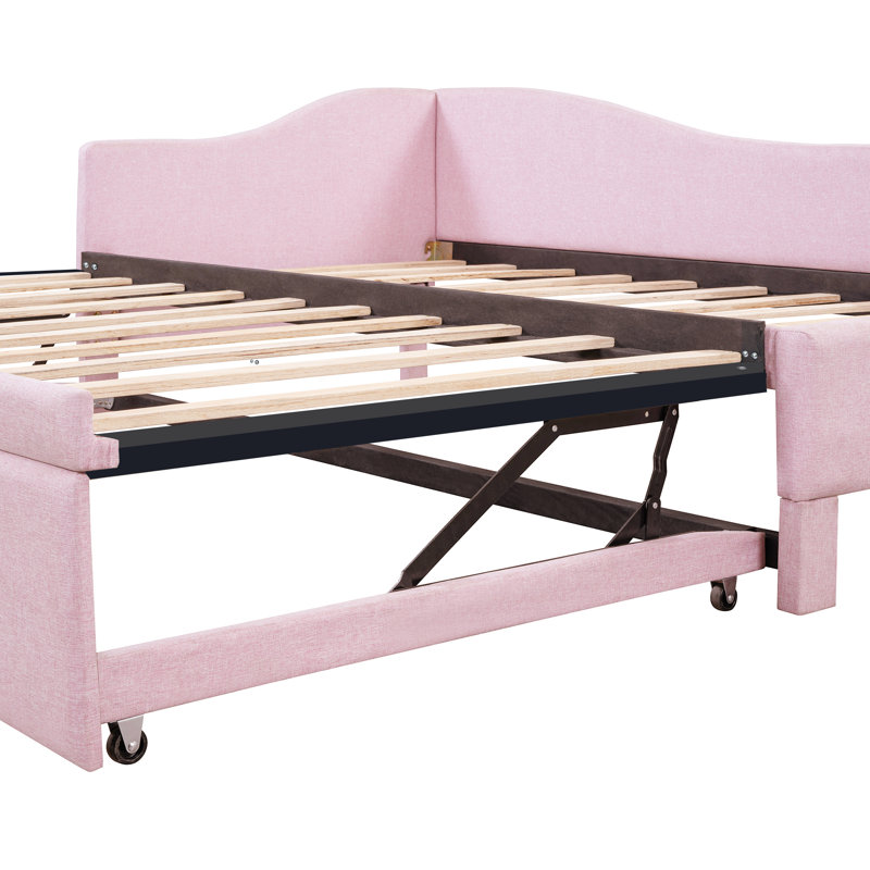 Twin Size Upholstered L-Shaped Upholstered Daybed With Pop Up Trundle, Pink, Pink