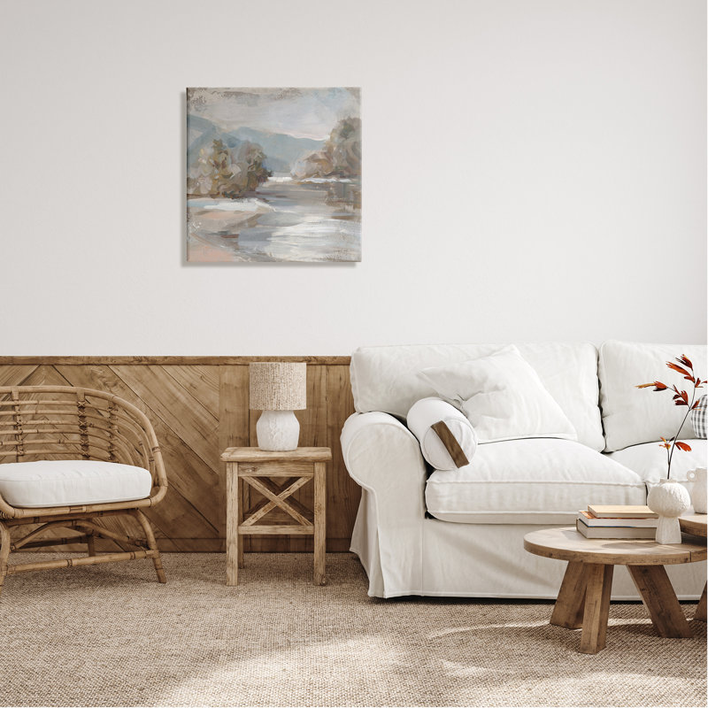 «Gentle Valley Landscape on Wood» par Danhui Nai, peinture, H 24 po x l 24 po x P 1,5 po, Giclée encadrée noir minuit