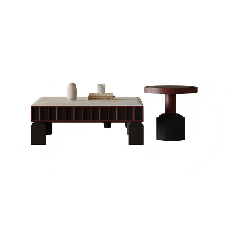 Square Coffee Table Set with White Granite Tabletop and One Side Table