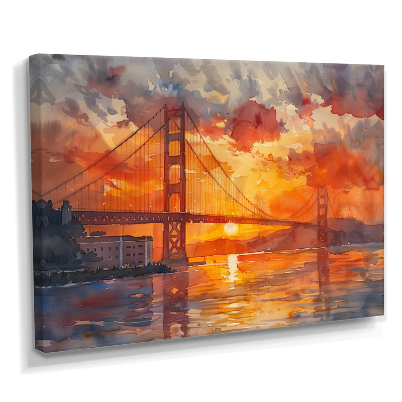 Impression d'art mural jaune et rouge Golden Gate Summer Sunset Glow III - Ponts, Toile encadrée noire simple