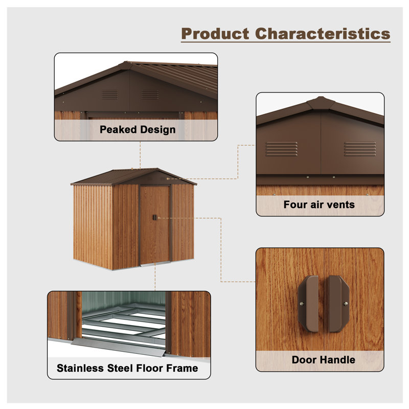 8 ft x 6 ft Brown Metal Lean-To Storage Shed