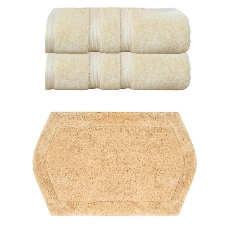 Bryd Collection 100% Soft Cotton 2 Pc Bath Towel Set & 1 Pc 21x34" Bath Rug, (Set of 3), Yellow